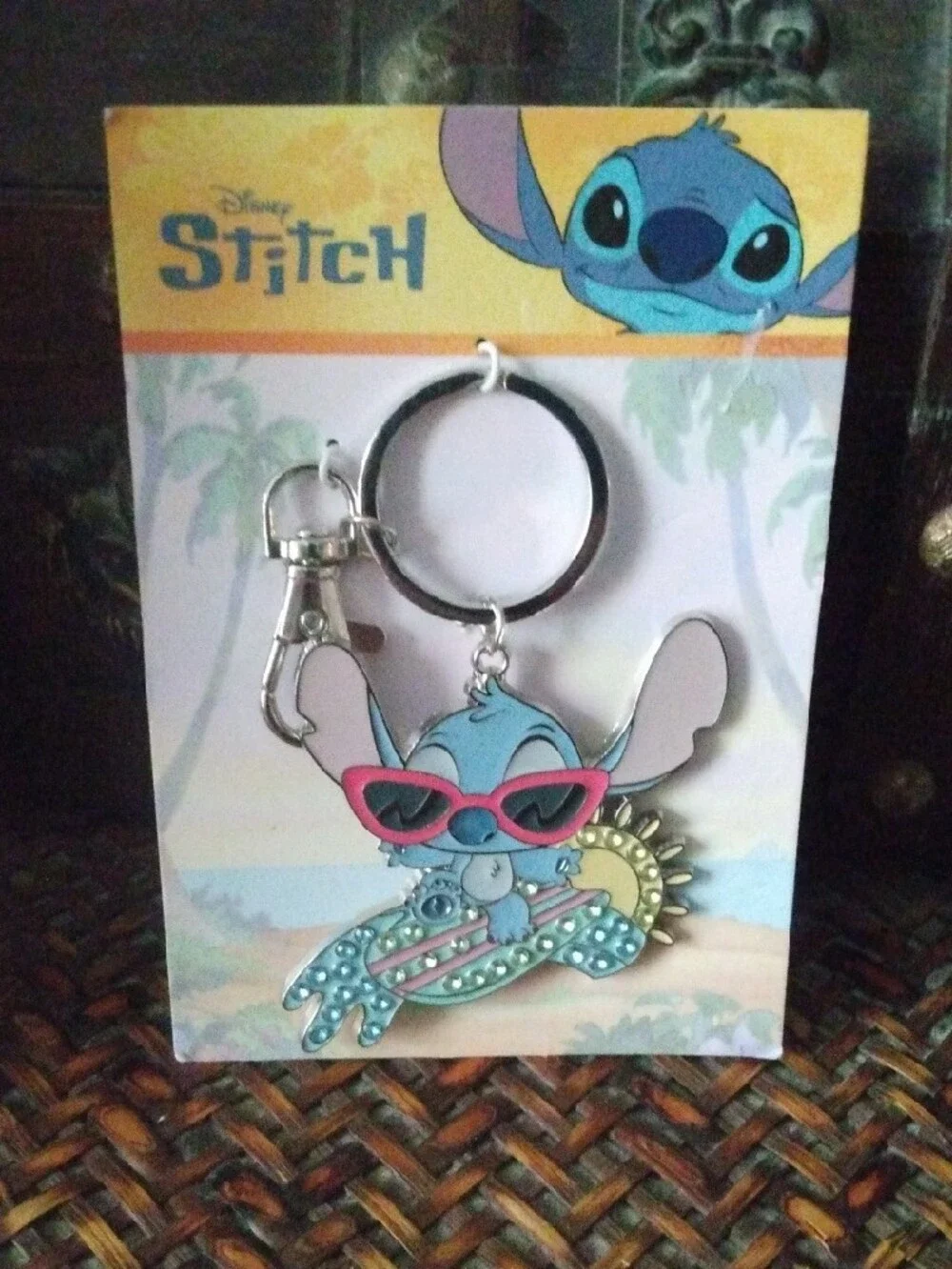 Disney Blue Stitch Keychain with Pink Sunglasses and Gold Sun Accent